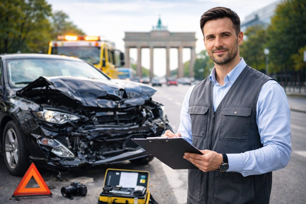 Kfz Gutachter Berlin Brandenburg – Sachverständiger mit Klemmbrett vor einem Unfallwagen am Brandenburger Tor