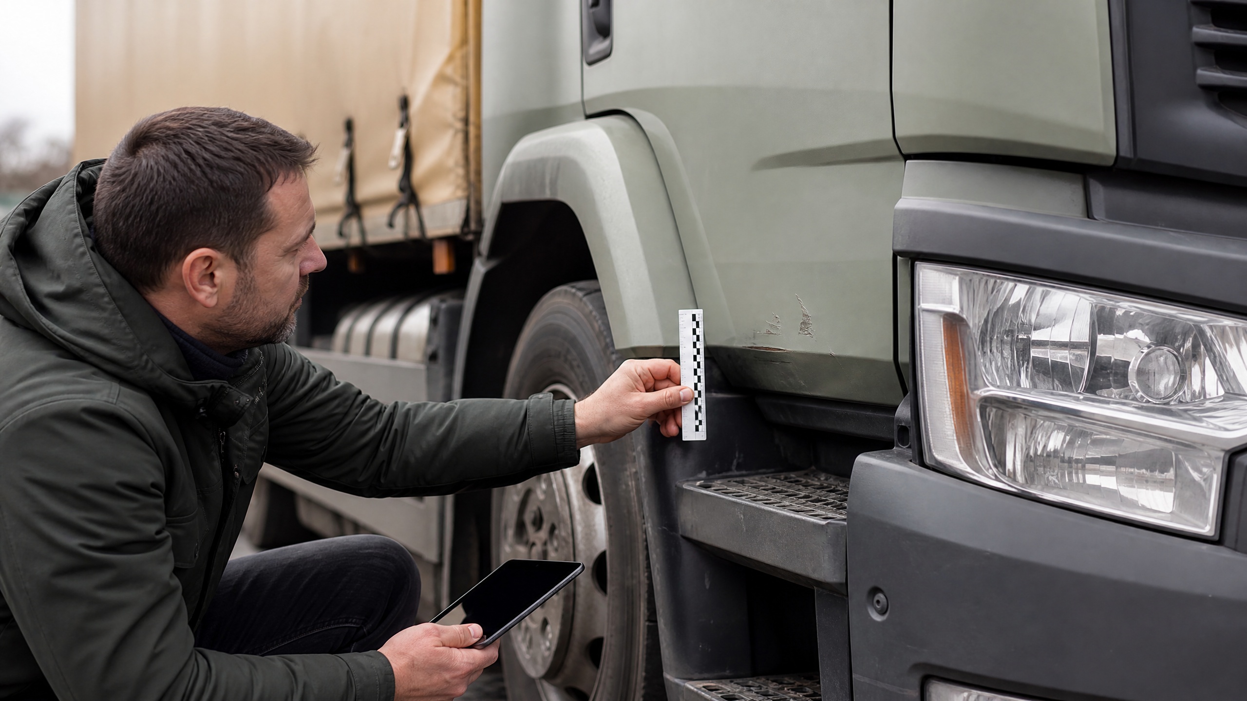 Kfz-Sachverständiger dokumentiert einen Lkw für Reparatur und Einsatzplanung
