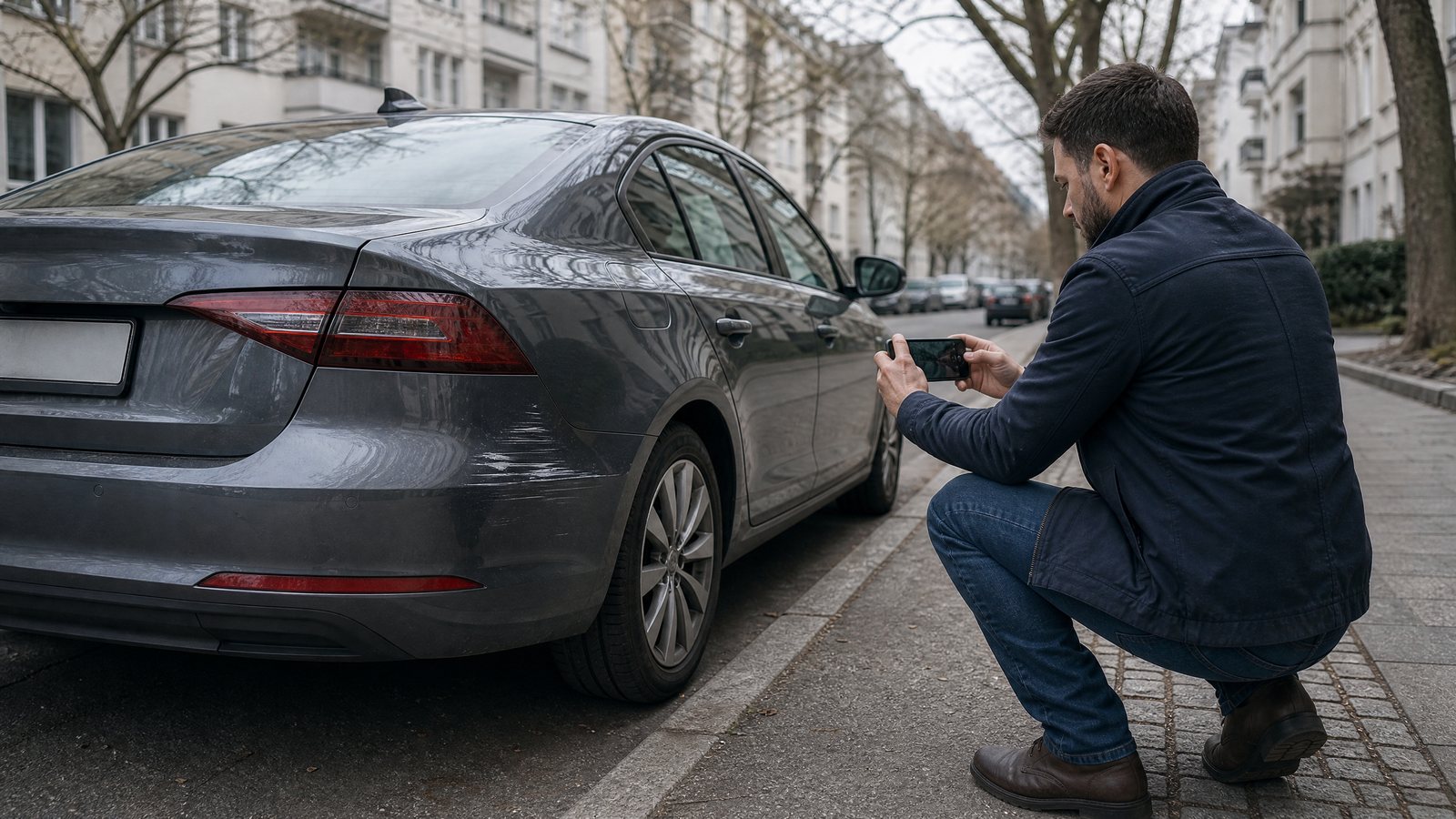 Eine Person begutachtet einen leichten Schaden an der Stoßstange ihres Autos am Straßenrand in Berlin.