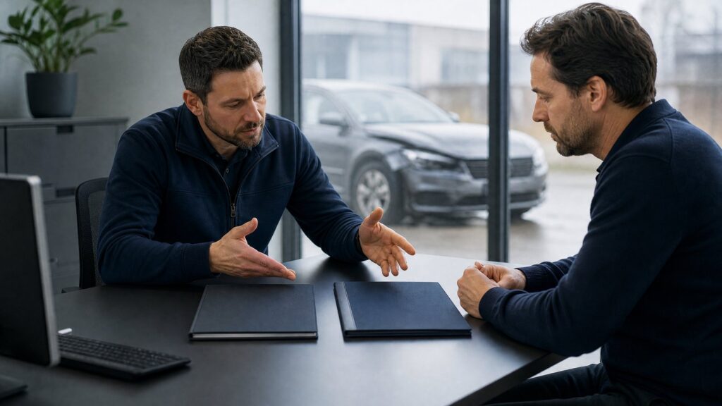 Cost estimate or vehicle appraisal – two men discussing documents at a table