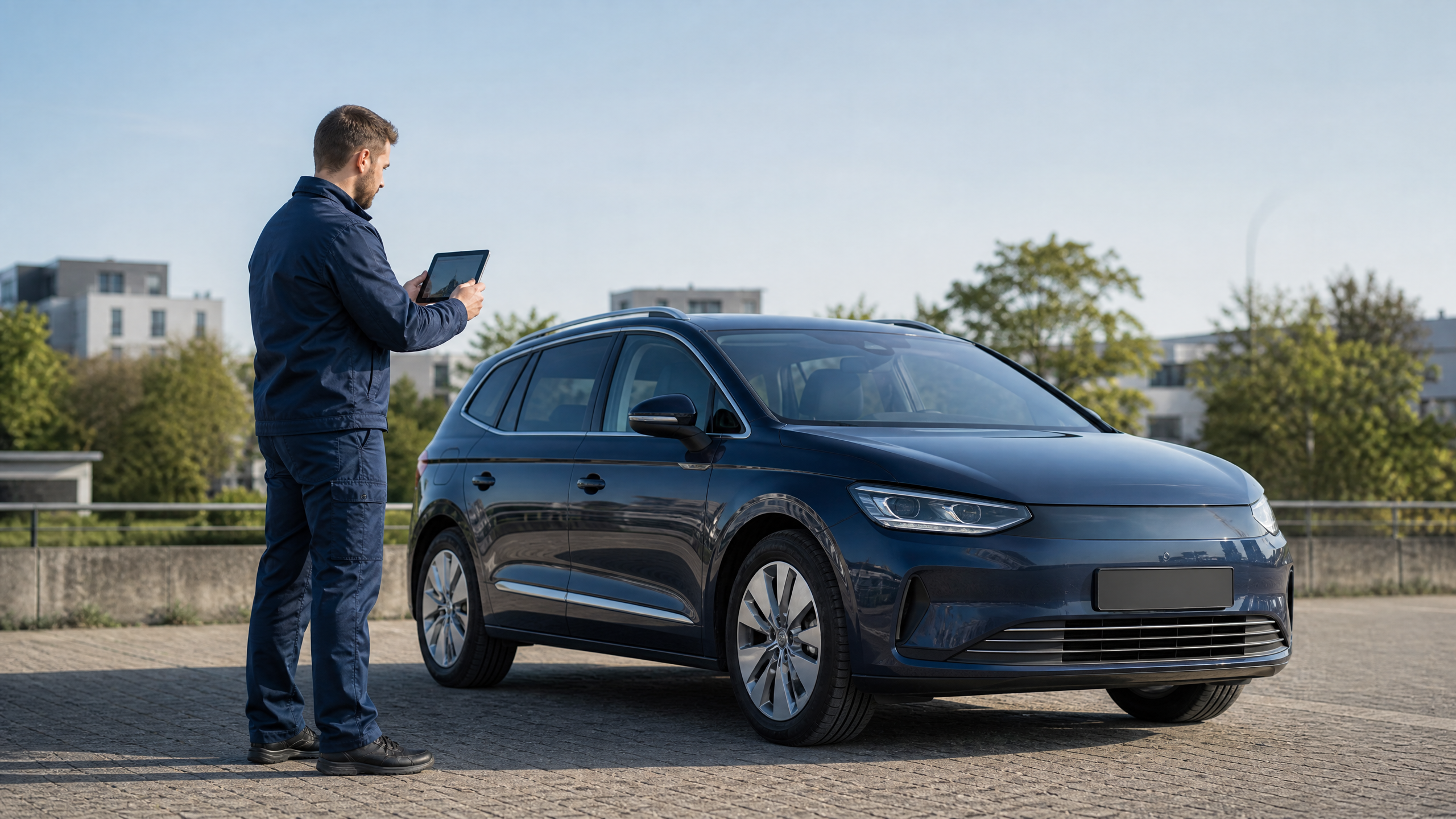 Mobiler Kfz-Gutachter begutachtet ein Fahrzeug vor Ort