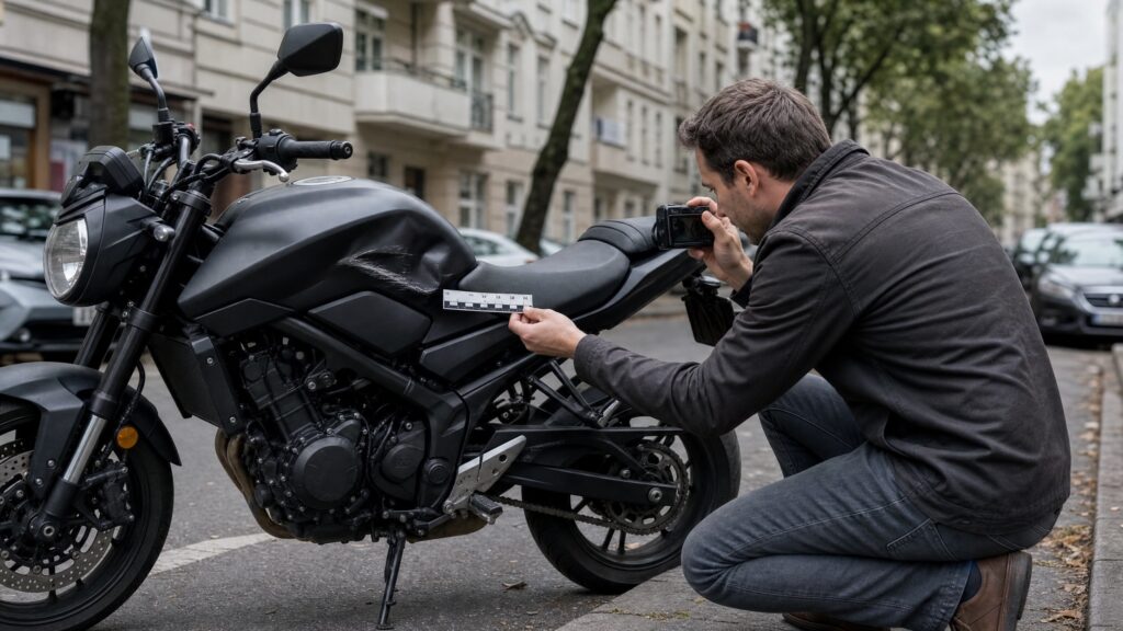 Ein Motorrad mit einer kleinen Beschädigung am Tank, geparkt in einer Berliner Straße, die eine professionelle Begutachtung erfordert.