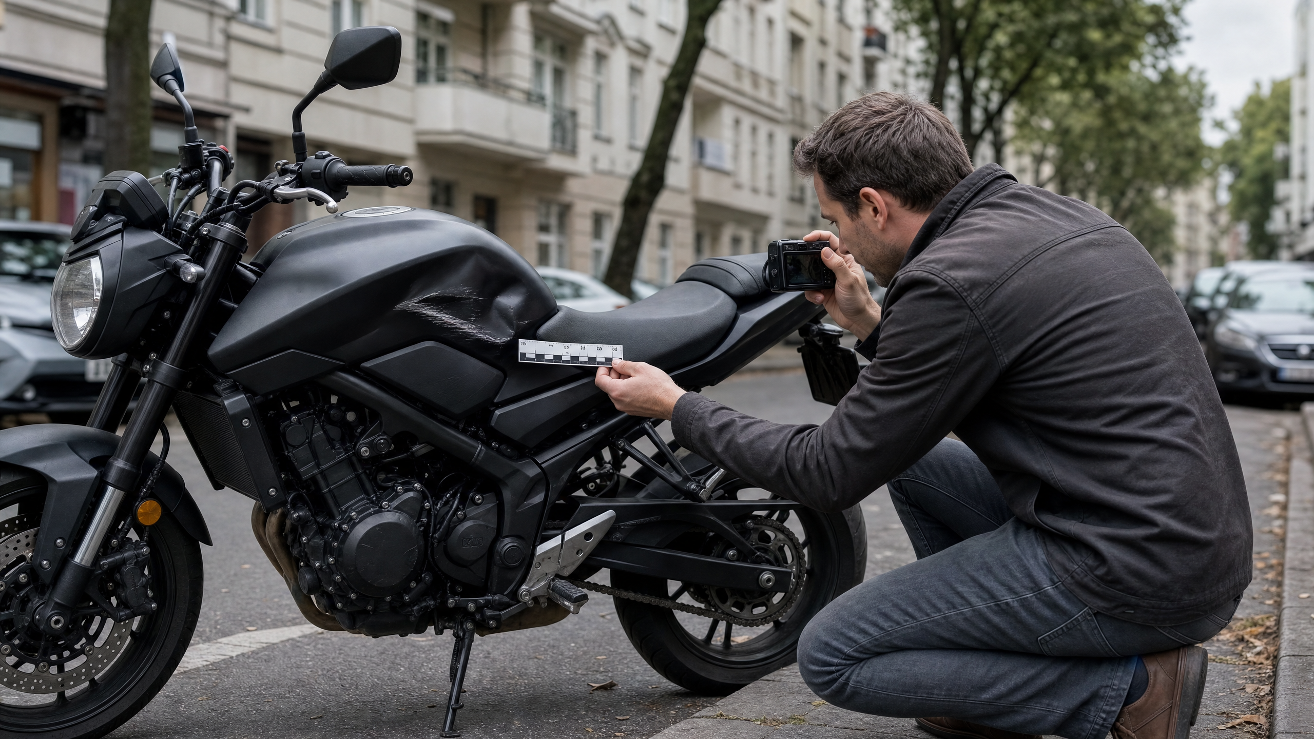 Motorrad-Gutachter prüft ein beschädigtes Zweirad in Berlin