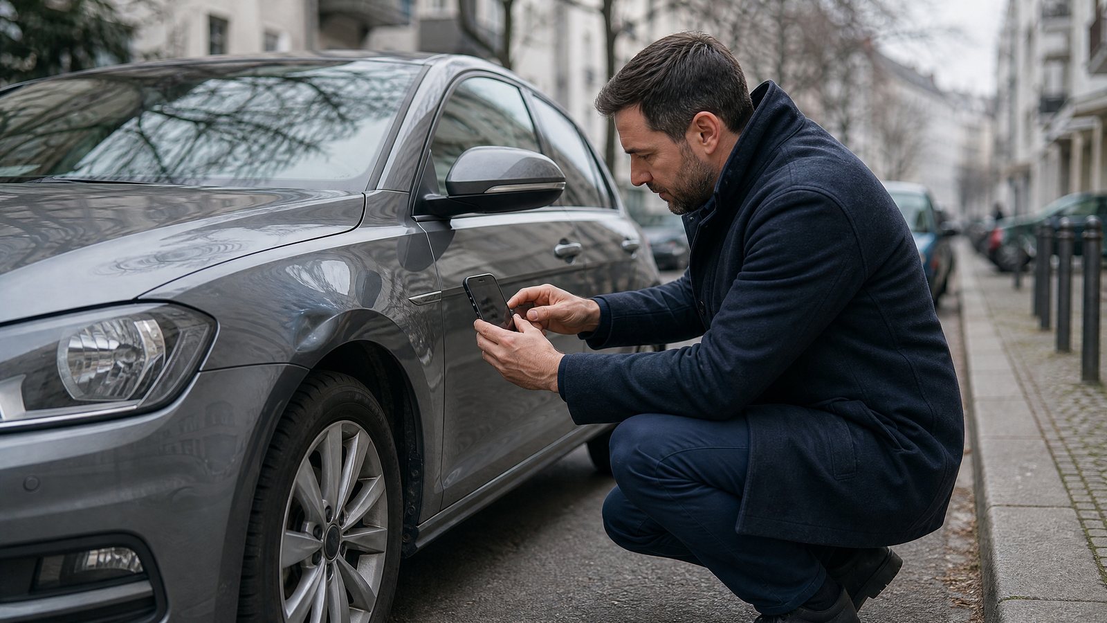 Eine Person fotografiert mit einem Smartphone einen leichten Unfallschaden an einem Auto.