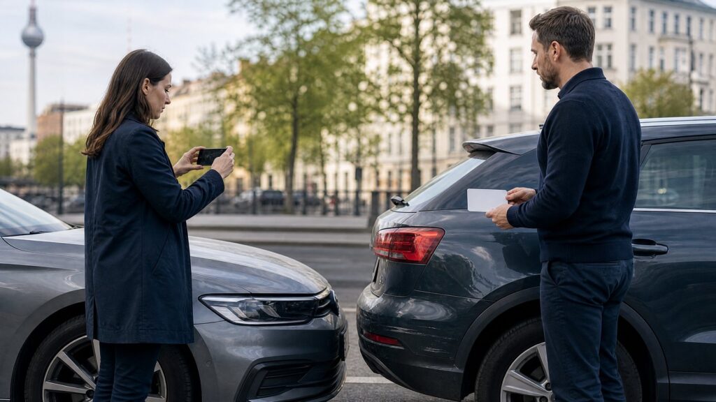 Beteiligte klären Schaden durch Umzugswagen an geparktem Auto Beteiligte klären Schaden durch Umzugswagen an geparktem Auto