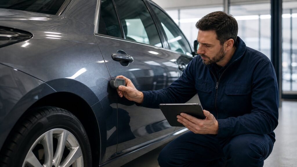 Tablet mit technischen Fahrzeugdaten bei der Suche nach einem Kfz-Gutachter