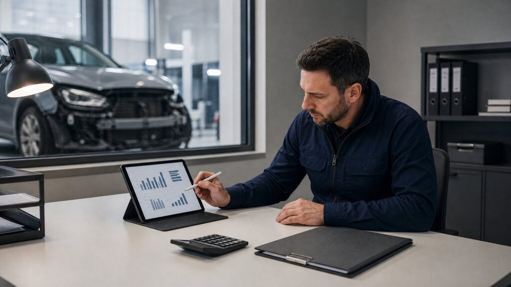 Economic total loss – expert at a desk with a tablet and a damaged car behind