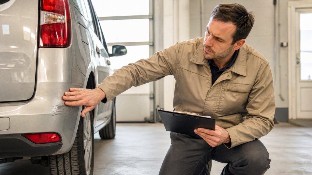 Kfz-Sachverständiger prüft einen kleinen Stoßfängerschaden in heller Werkstatt
