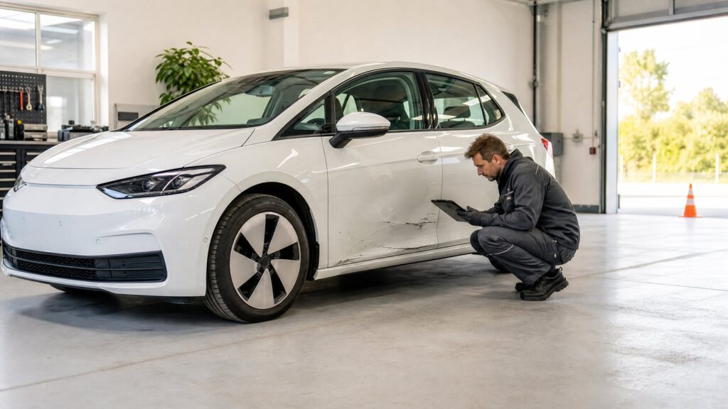Sachkundige Sichtprüfung eines Elektroautos in heller Werkstatt