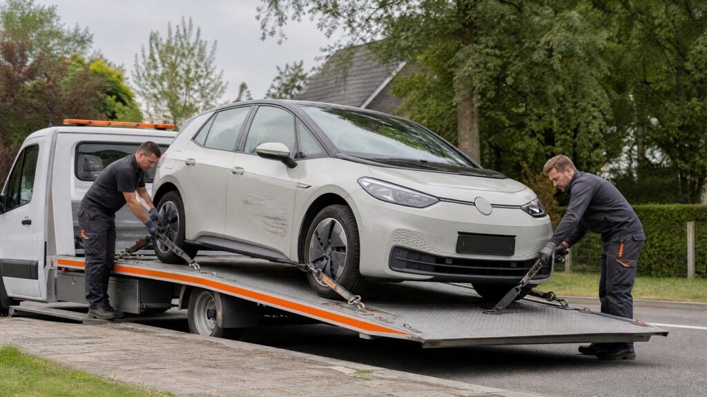 Autotransport Umzug – Elektroauto wird auf einen Abschleppwagen geladen