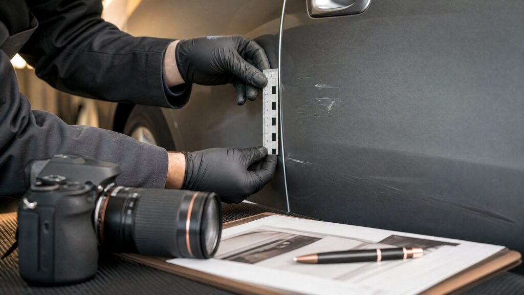 Detailprüfung einer Delle an der Tür eines gemieteten Transporters