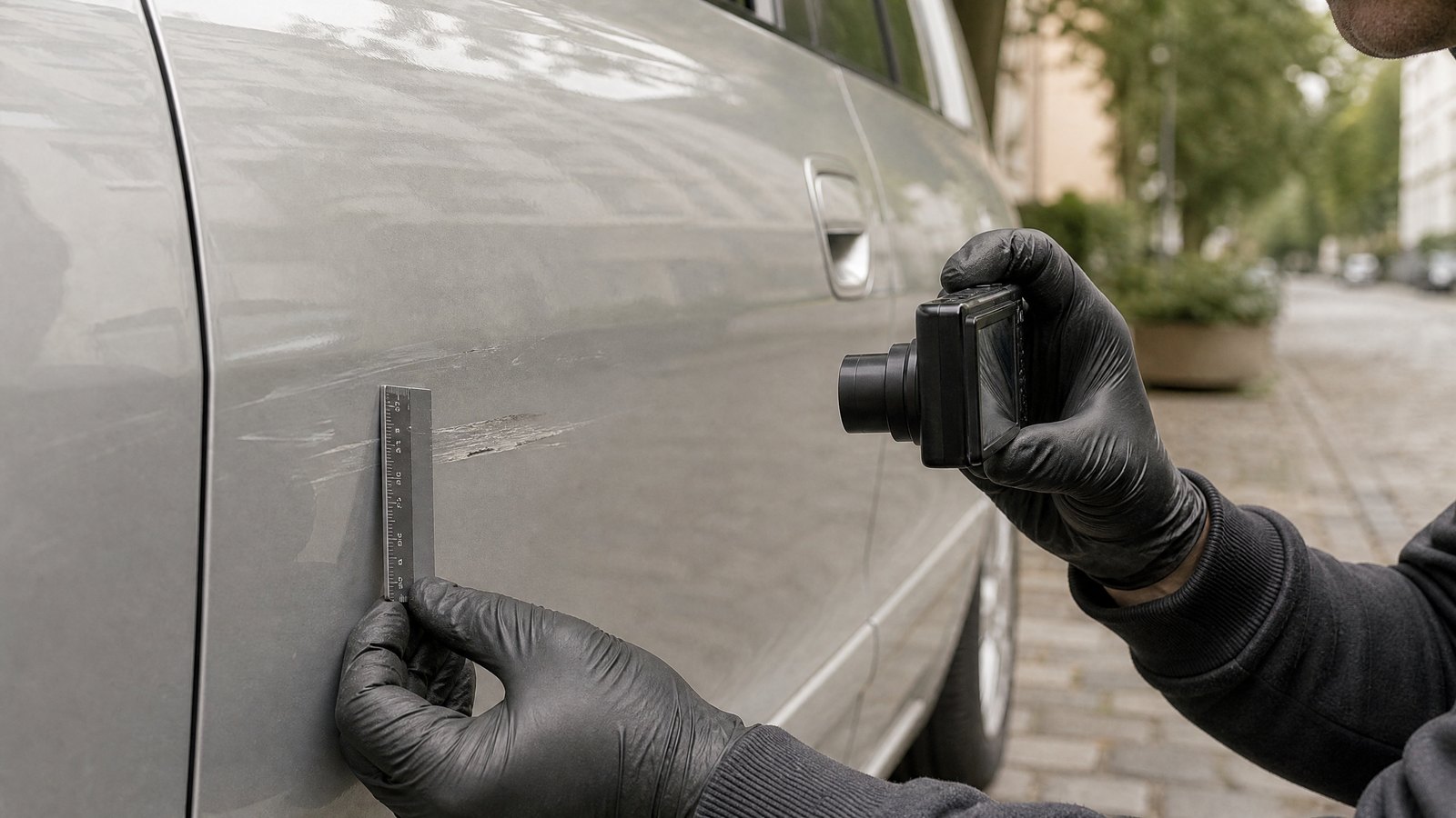 Messskala und Kamera dokumentieren einen Kratzer an der Fahrzeugtür