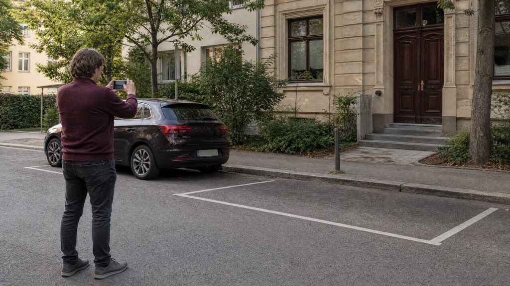 Umzugswagen beschädigt Auto – Person fotografiert ein geparktes Fahrzeug