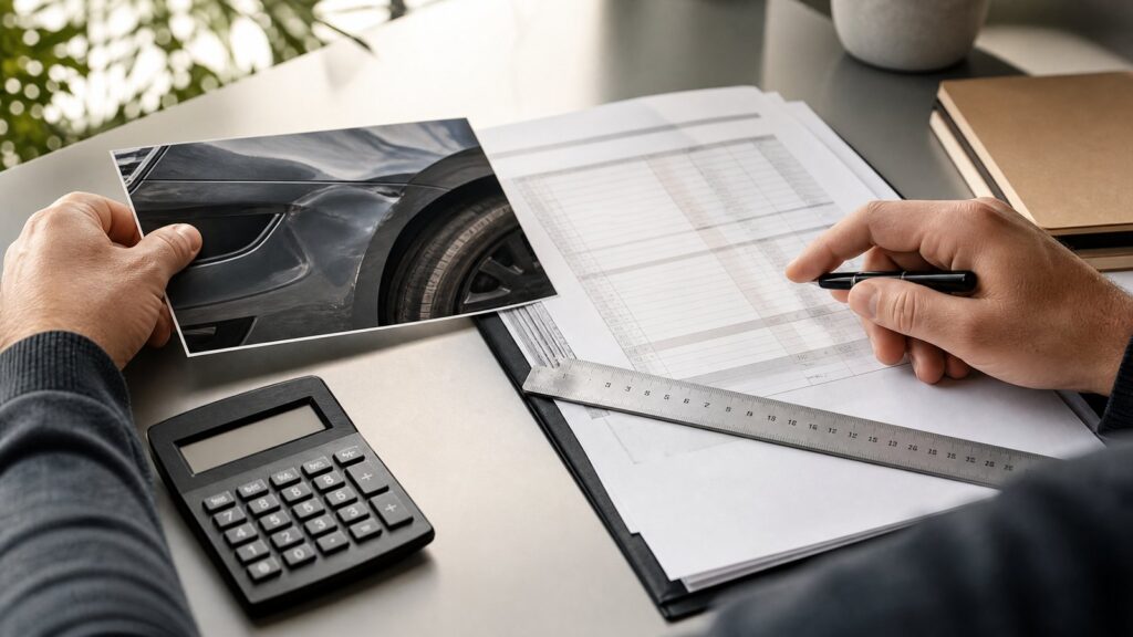 Insurer cuts claim settlement in Berlin – hands with a calculator and photos
