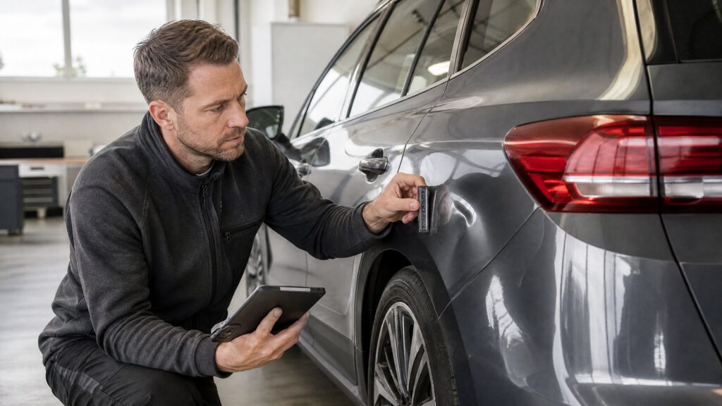 Kfz-Sachverständiger prüft Delle nach Dachlawine am Autodach